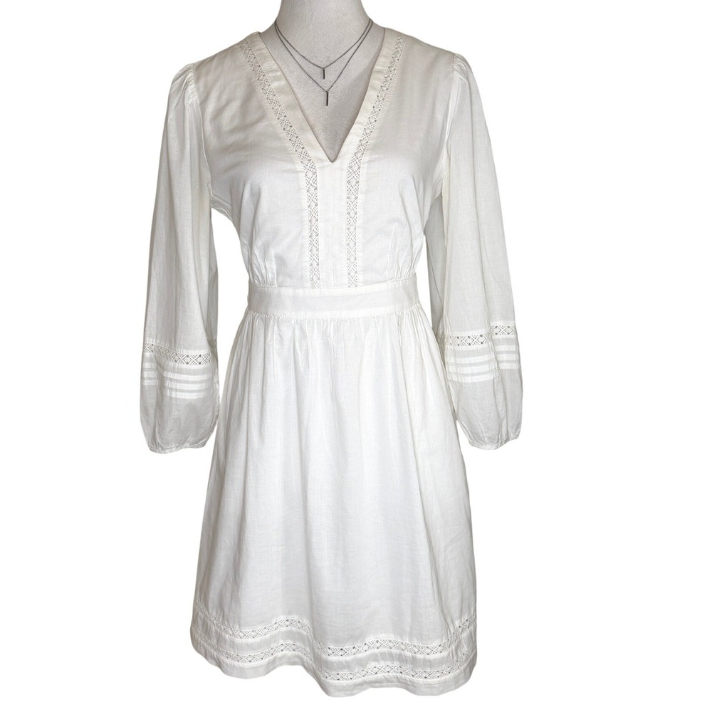 J.Crew White Cotton Eyelet Lace V-Neck Mini Dress Long Puff Sleeve XS - Picture 2 of 11